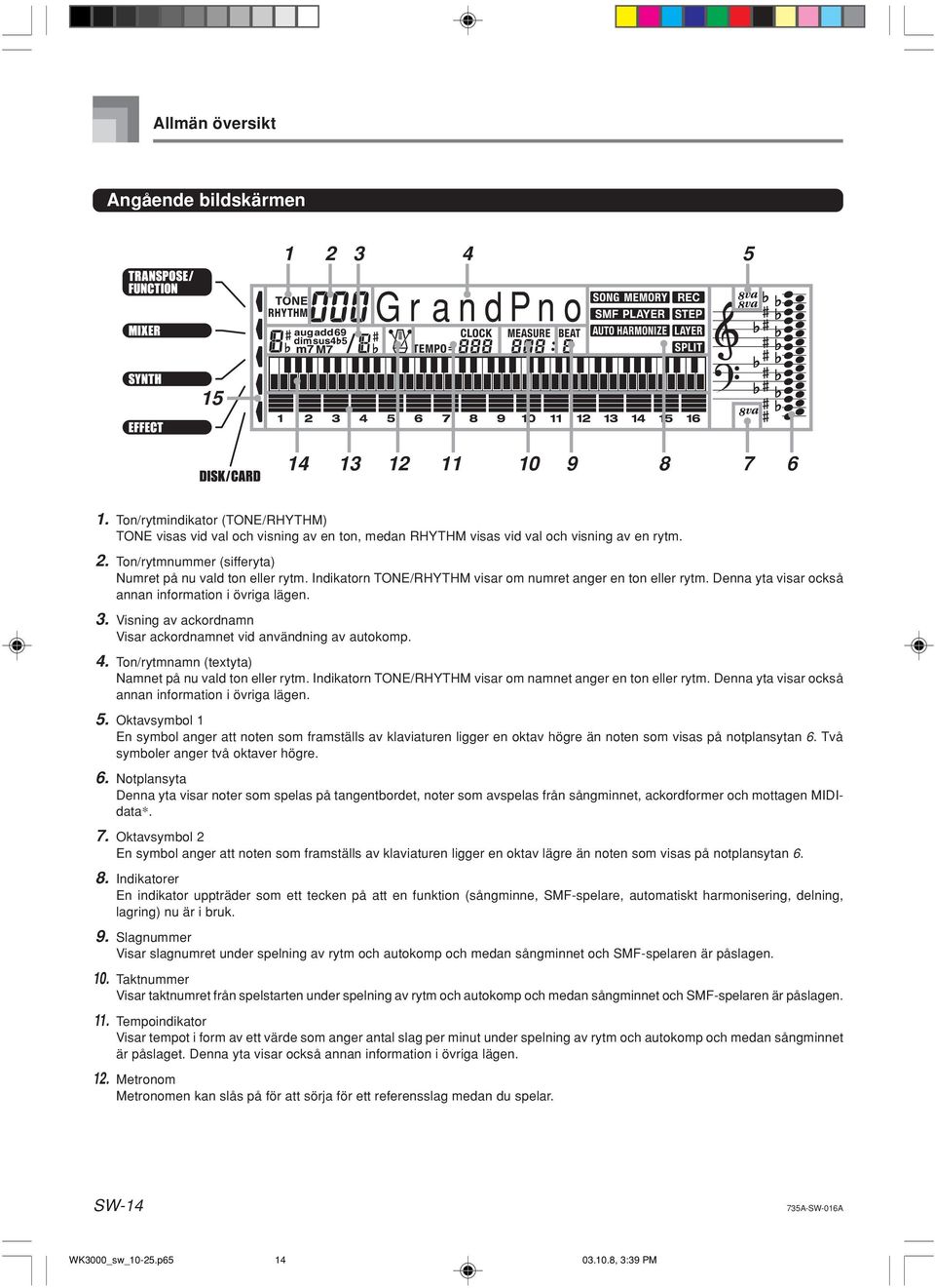 Indikatorn TONE/RHYTHM visar om numret anger en ton eller rytm. Denna yta visar också annan information i övriga lägen. 3. Visning av ackordnamn Visar ackordnamnet vid användning av autokomp. 4.