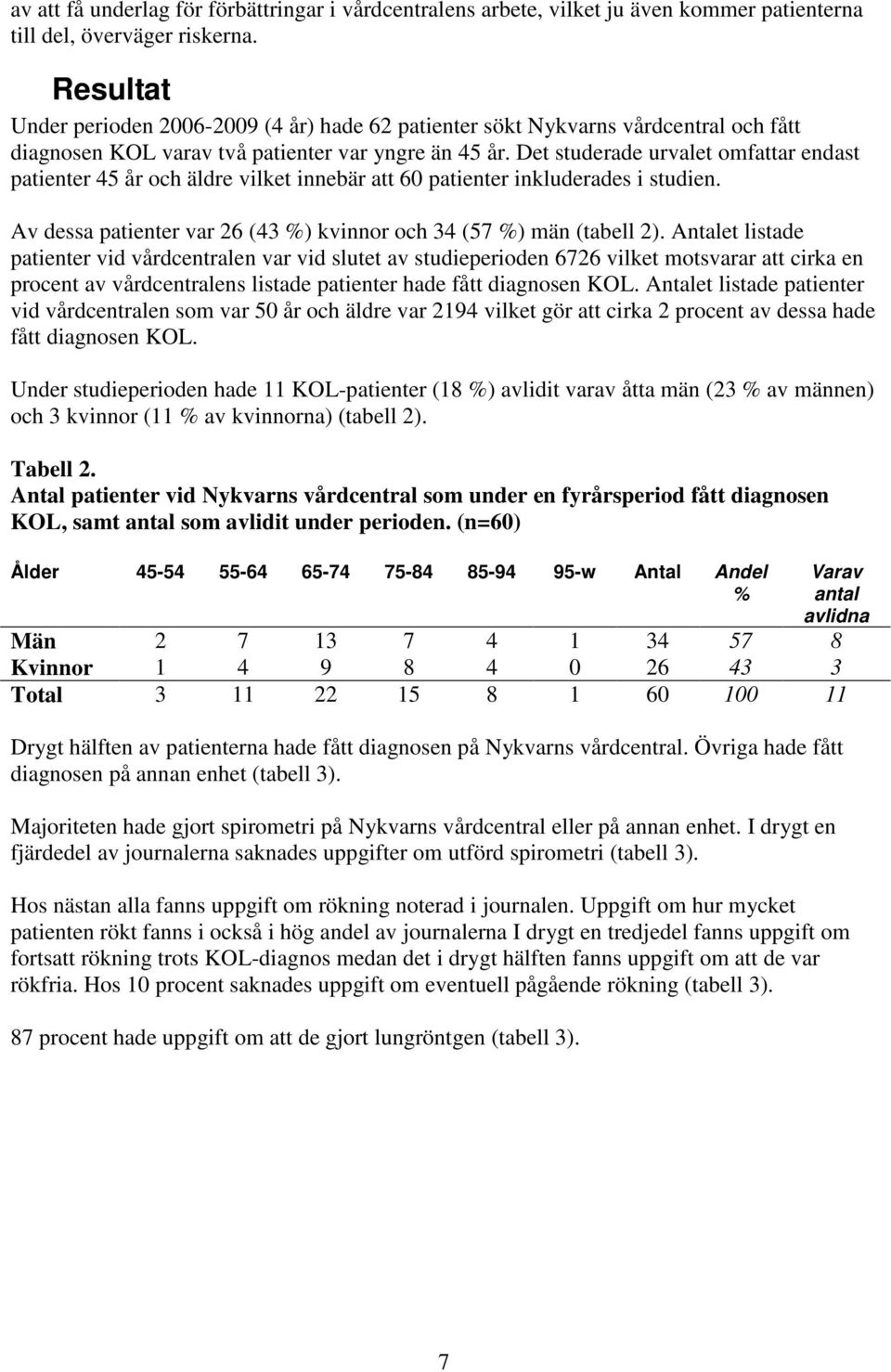 Det studerade urvalet omfattar endast patienter 45 år och äldre vilket innebär att 60 patienter inkluderades i studien. Av dessa patienter var 26 (43 %) kvinnor och 34 (57 %) män (tabell 2).