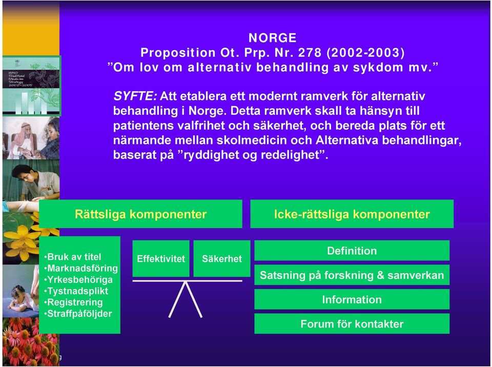 Detta ramverk skall ta hänsyn till patientens valfrihet och säkerhet, och bereda plats för ett närmande mellan skolmedicin och Alternativa