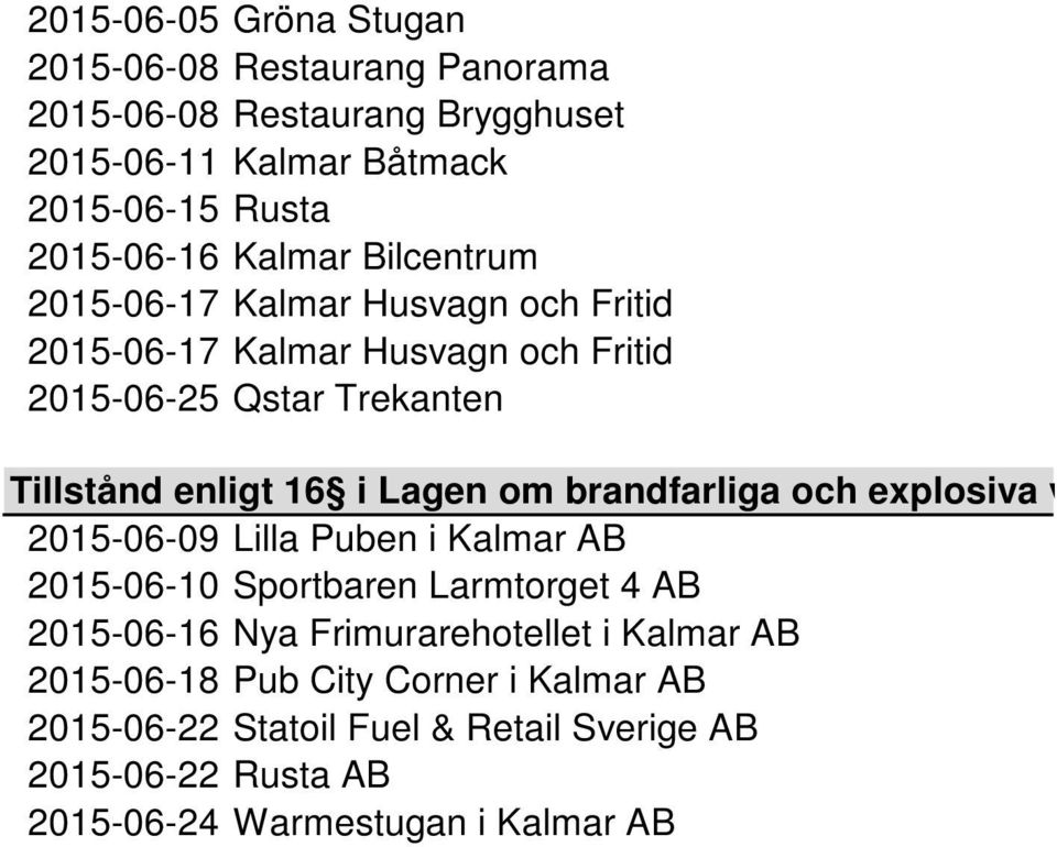 Lagen om brandfarliga och explosiva v 2015-06-09 Lilla Puben i Kalmar AB 2015-06-10 Sportbaren Larmtorget 4 AB 2015-06-16 Nya Frimurarehotellet