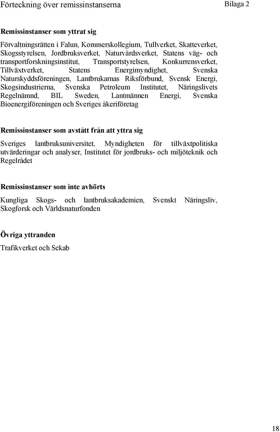 Skogsindustrierna, Svenska Petroleum Institutet, Näringslivets Regelnämnd, BIL Sweden, Lantmännen Energi, Svenska Bioenergiföreningen och Sveriges åkeriföretag Remissinstanser som avstått från att