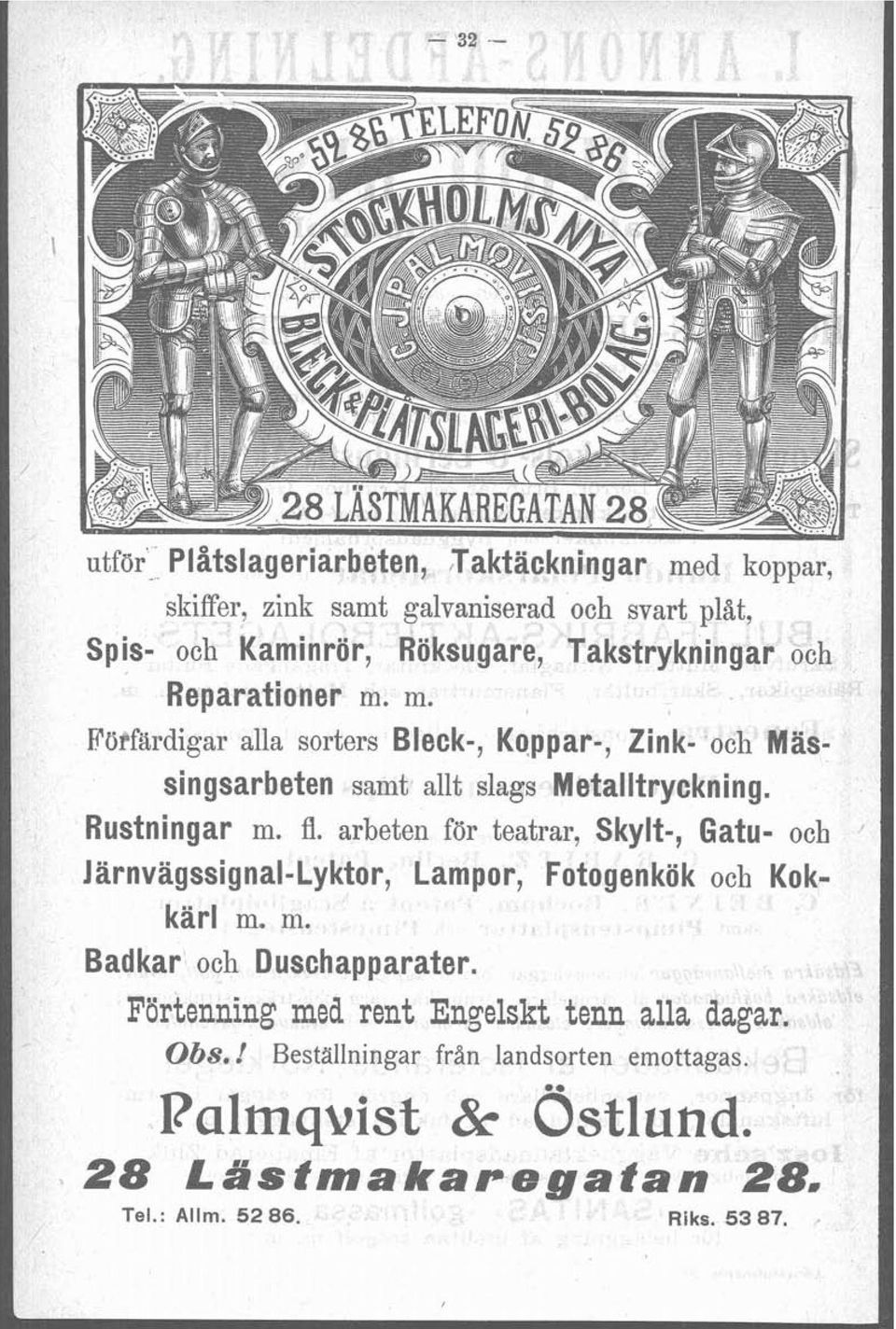 arbeten f6r teatrar, Skylt-, Gatu- och Järnvägssignal-Lyktor, Lampor, Fotogenkök och Kokkärl m. m. Badkar och Duschapparater.