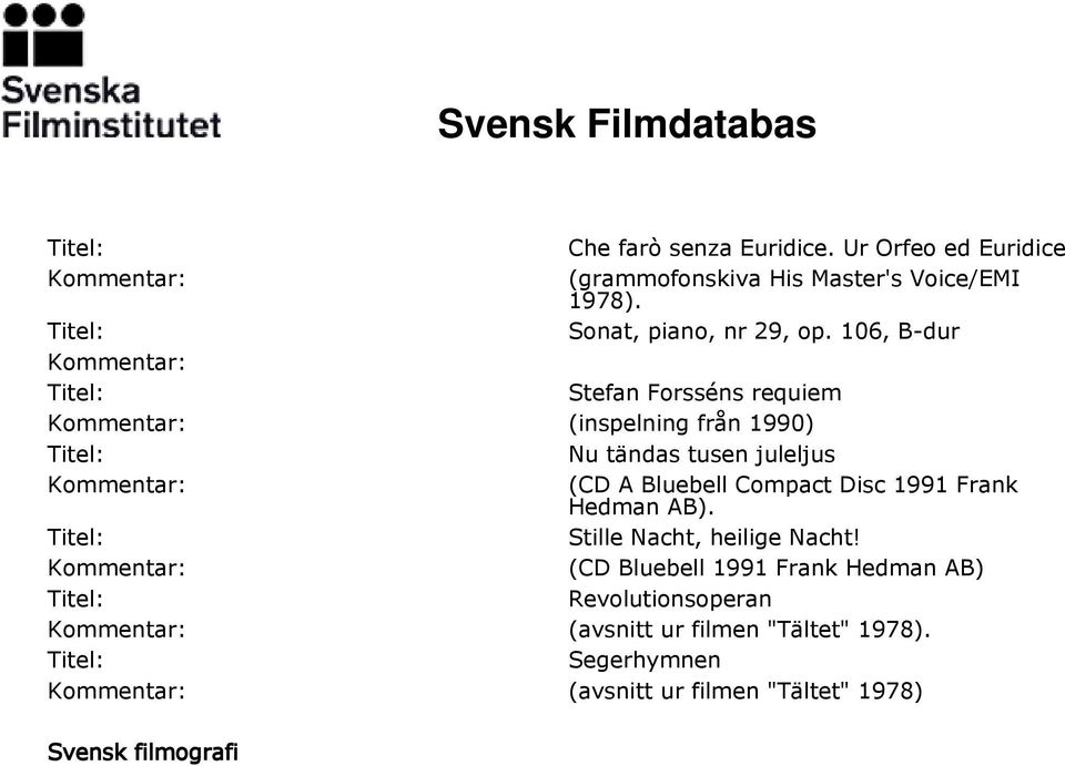 106, B-dur Stefan Forsséns requiem (inspelning från 1990) Nu tändas tusen juleljus (CD A Bluebell Compact