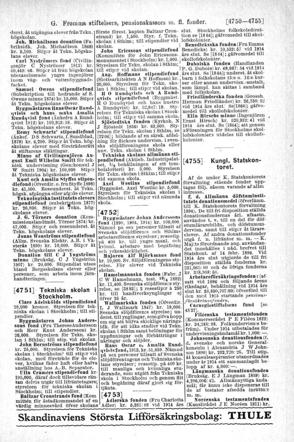 fondejl(fruemma kr. 5,100. Stip:r åt Tekn. högsko- John Ericssons stipendiefond Benedicks) kr. 10,533:57 vid 1914 lans elever. (Kommitten för John Ericssons-,års slut.