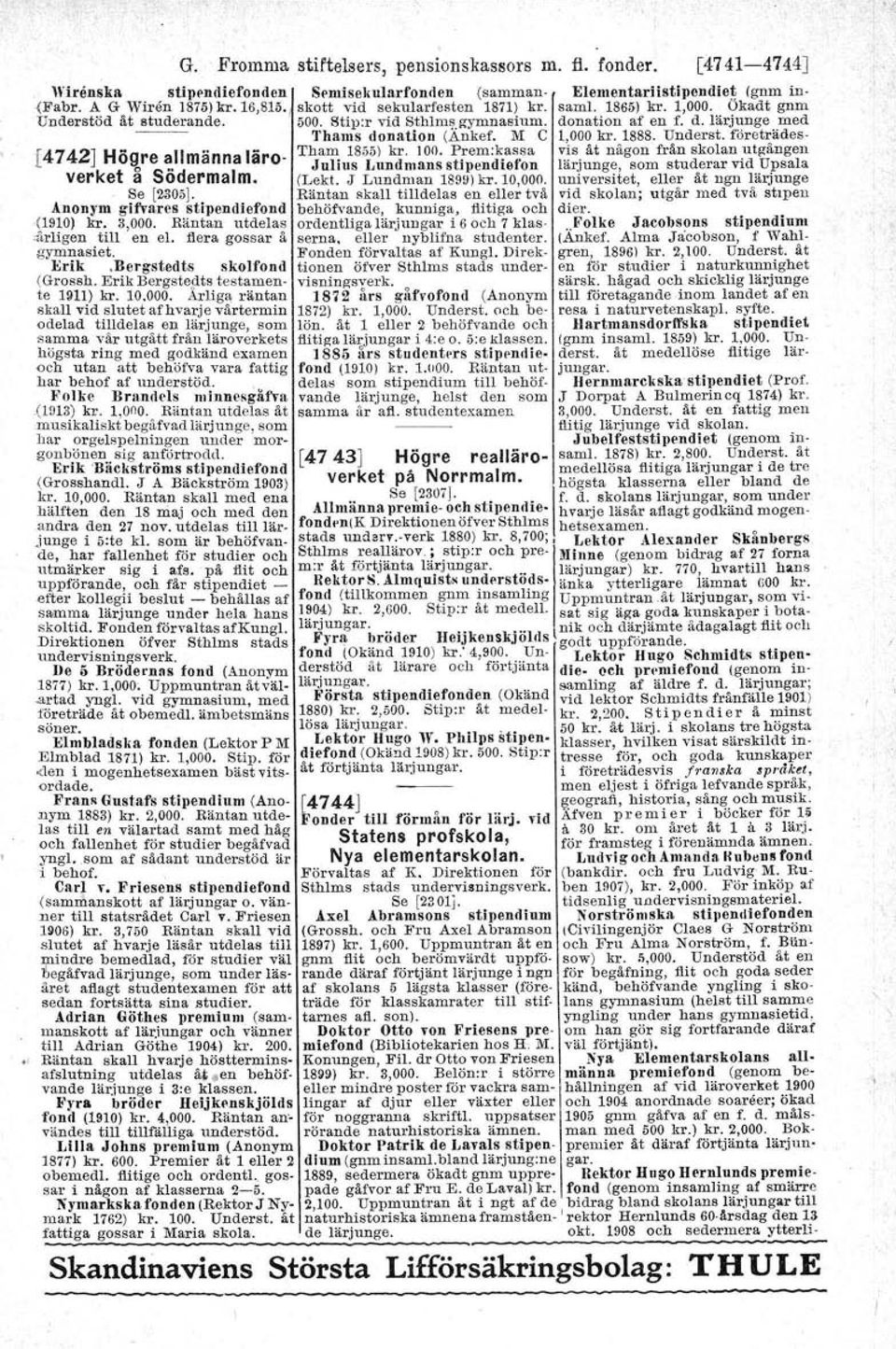 100. Prem.kassa [4742] Högre allmänna läro- Julius Lundmans stipendiefon lärjunge, som studerar vid Upsala verket å Södermalm. (Lekt. J Lundman 1899)kr. 10,000.