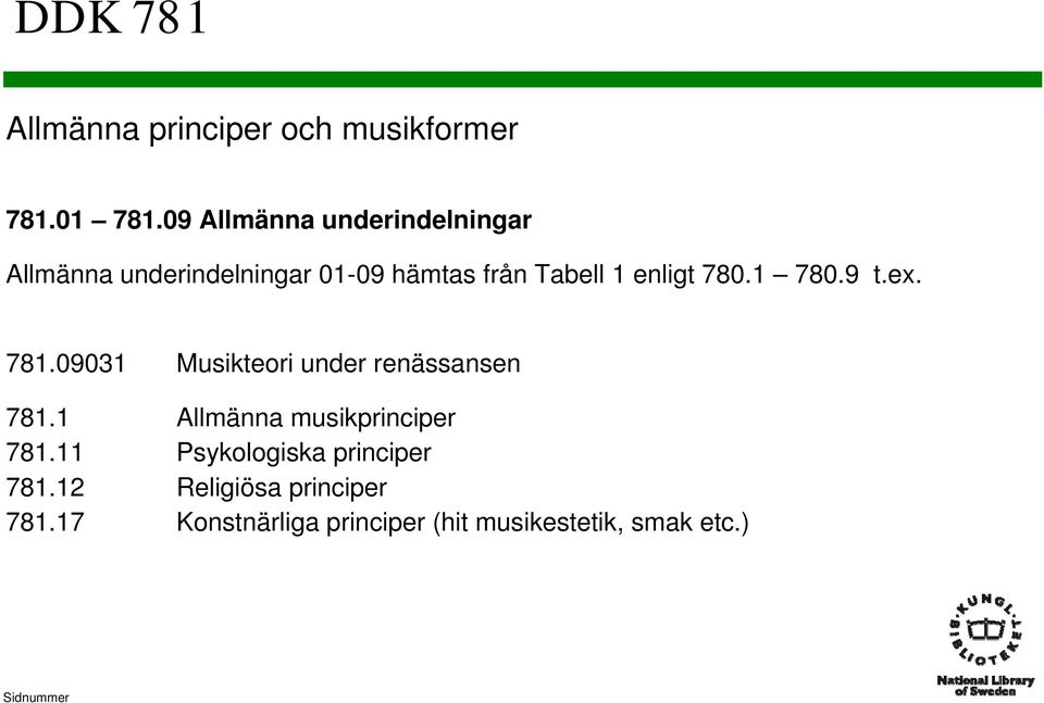 enligt 780.1 780.9 t.ex. 781.09031 Musikteori under renässansen 781.