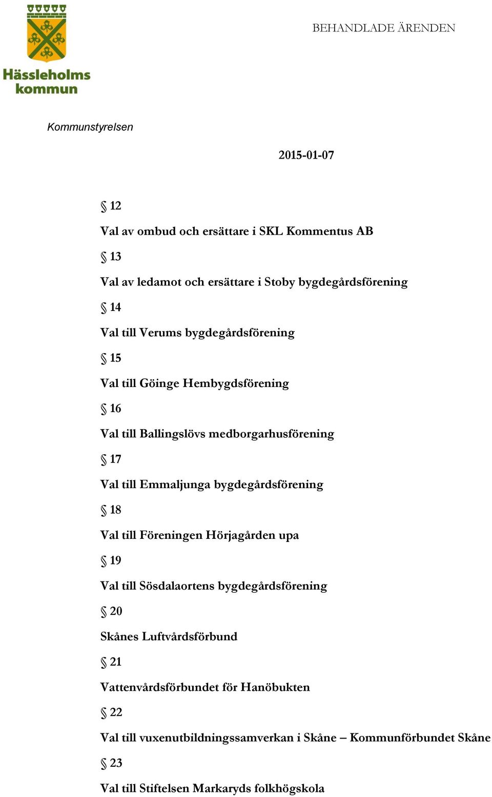 bygdegårdsförening 18 Val till Föreningen Hörjagården upa 19 Val till Sösdalaortens bygdegårdsförening 20 Skånes Luftvårdsförbund 21