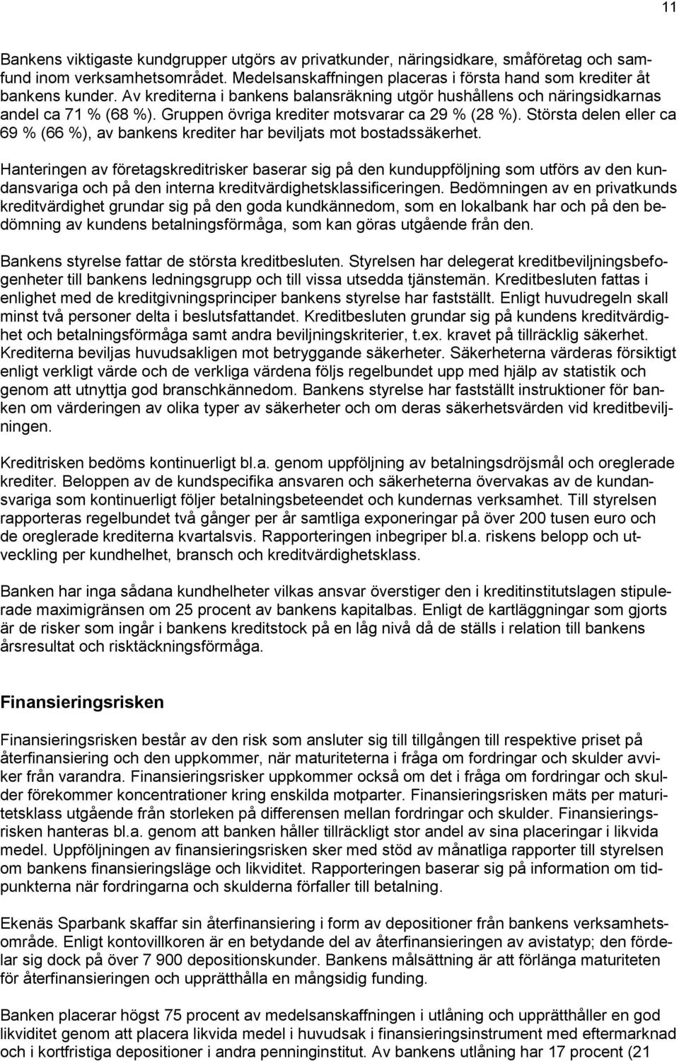 Största delen eller ca 69 % (66 %), av bankens krediter har beviljats mot bostadssäkerhet.