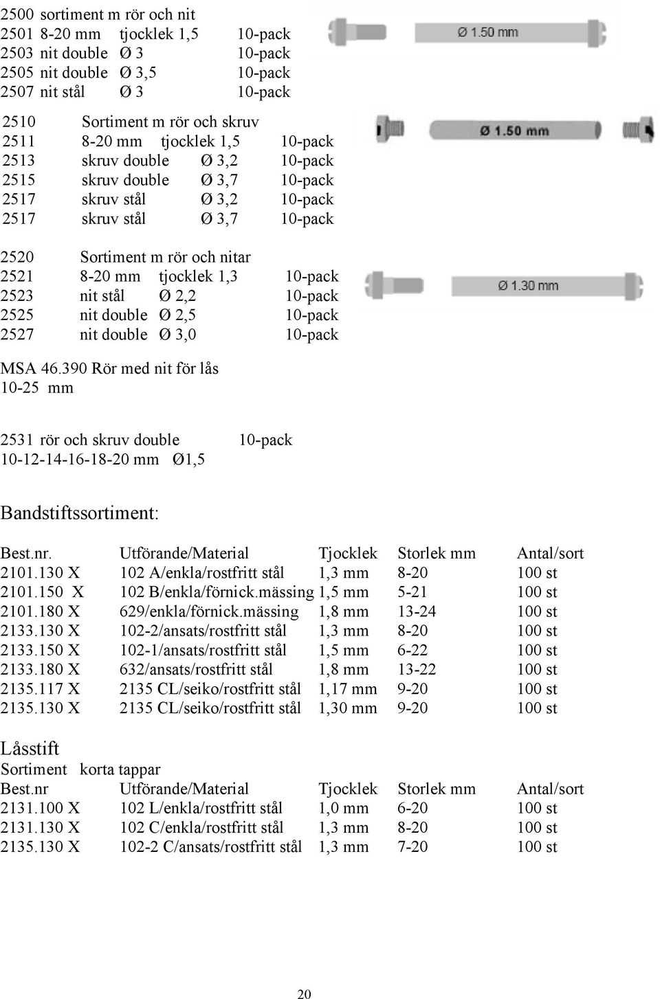 10-pack 2523 nit stål Ø 2,2 10-pack 2525 nit double Ø 2,5 10-pack 2527 nit double Ø 3,0 10-pack MSA 46.