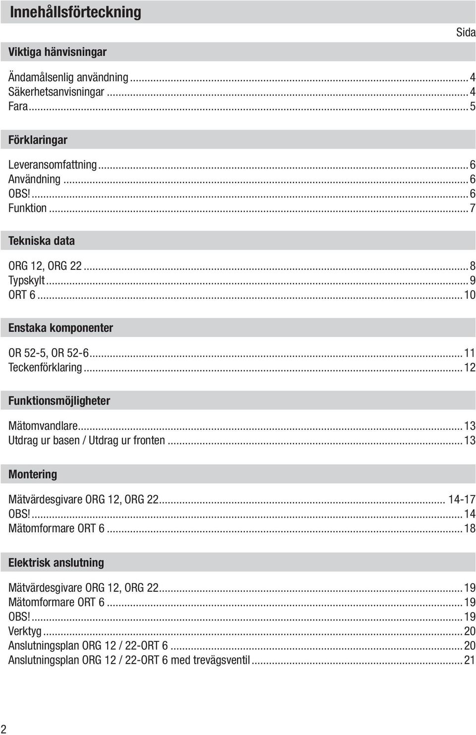 ..12 Funktionsmöjligheter Mätomvandlare...13 Utdrag ur basen / Utdrag ur fronten...13 Montering Mätvärdesgivare ORG 12, ORG 22... 14-17 OBS!...14 Mätomformare ORT 6.