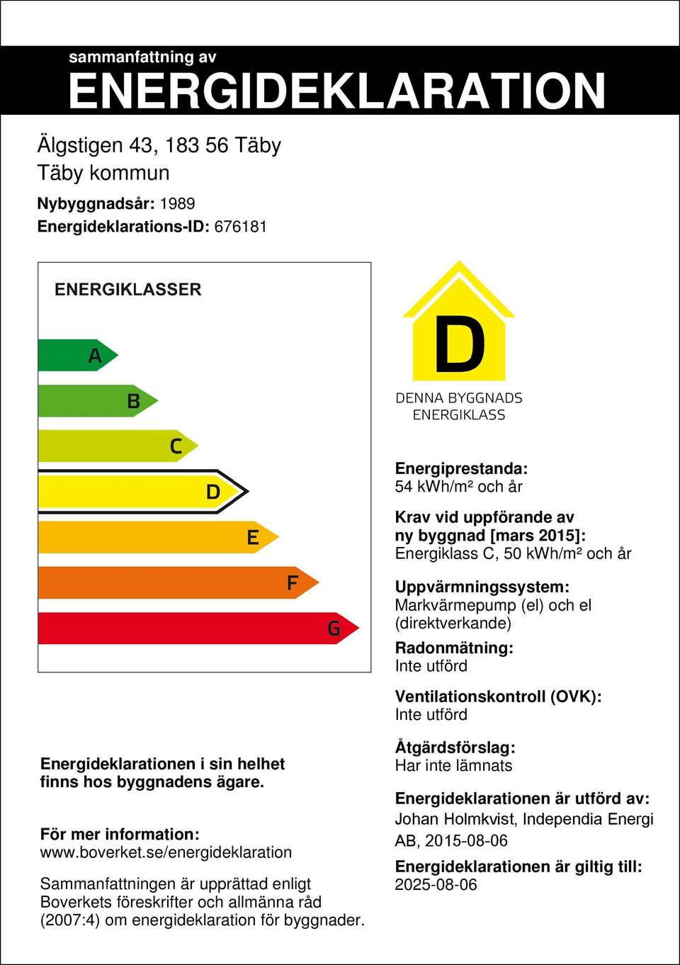 Energideklarationen i sin helhet finns hos byggnadens ägare. För mer information: www.boverket.