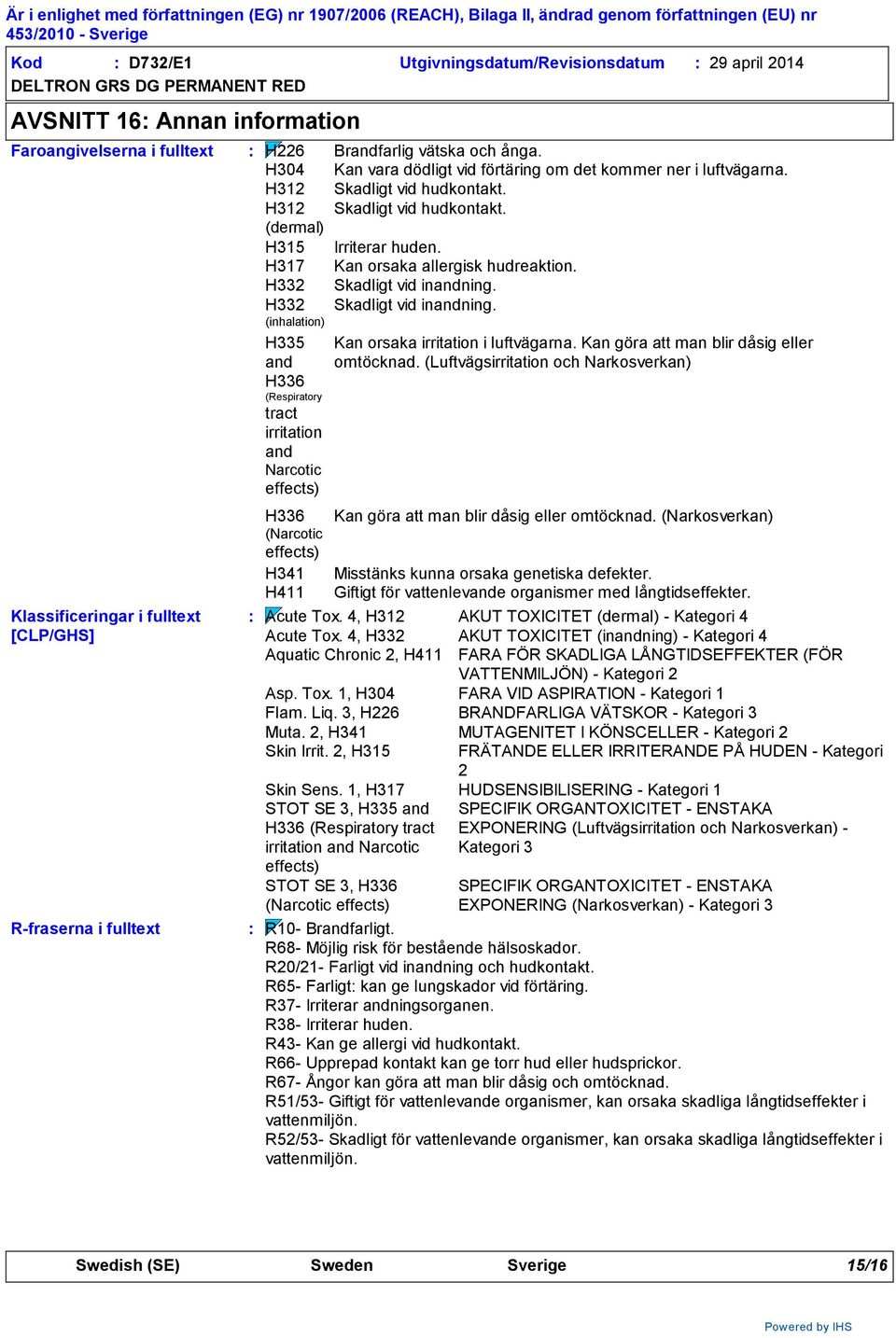 H317 Kan orsaka allergisk hudreaktion. H332 Skadligt vid inandning.