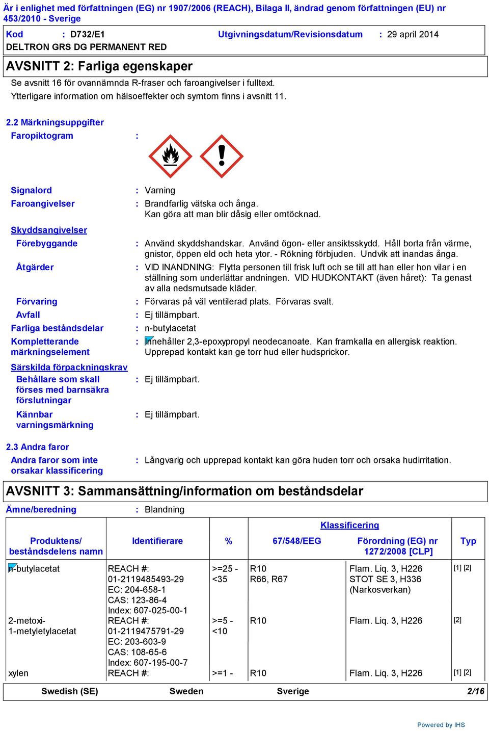 2 Märkningsuppgifter Faropiktogram Signalord Faroangivelser Skyddsangivelser Förebyggande Åtgärder Förvaring Avfall Farliga beståndsdelar Kompletterande märkningselement Särskilda förpackningskrav