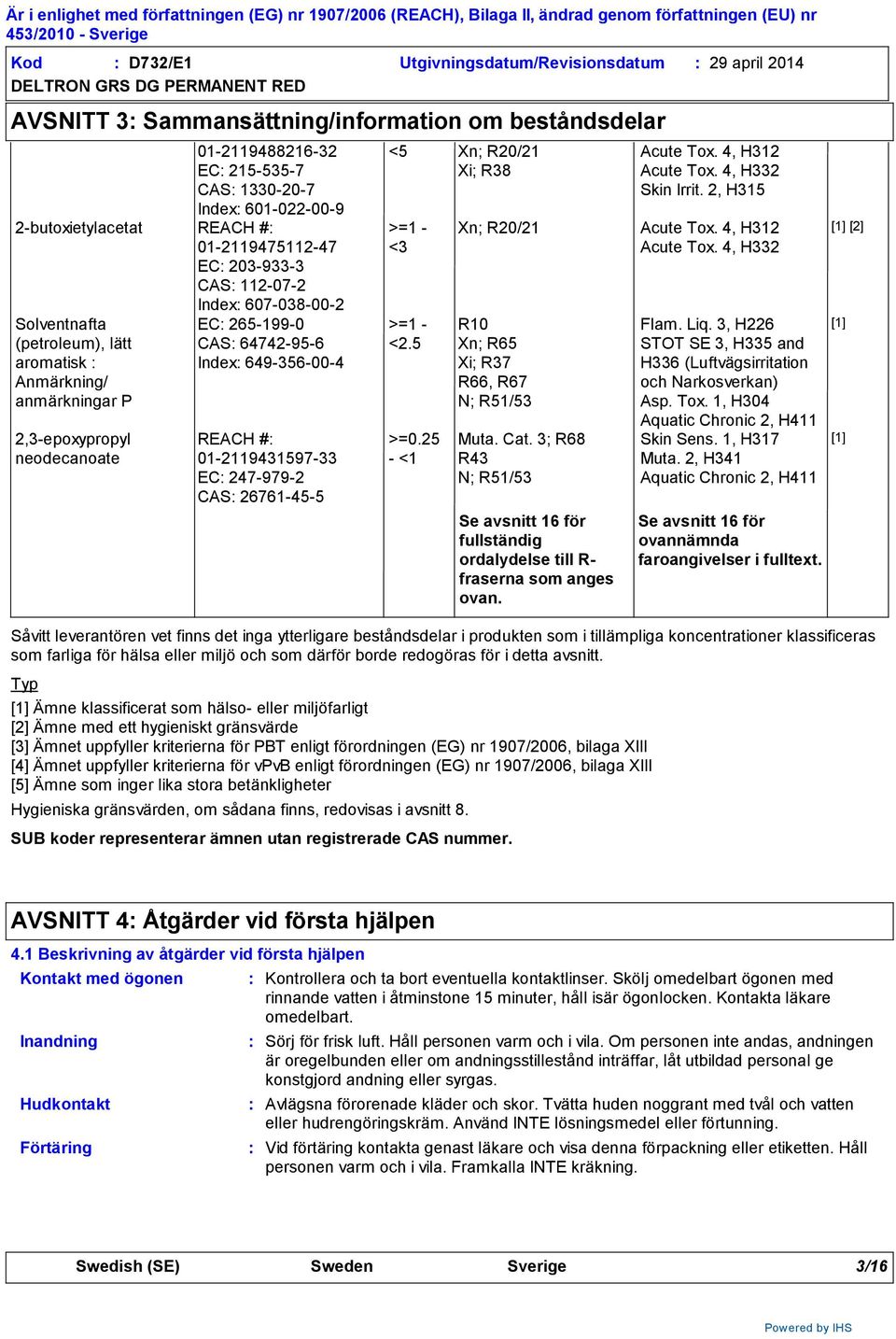 finns det inga ytterligare beståndsdelar i produkten som i tillämpliga koncentrationer klassificeras som farliga för hälsa eller miljö och som därför borde redogöras för i detta avsnitt.