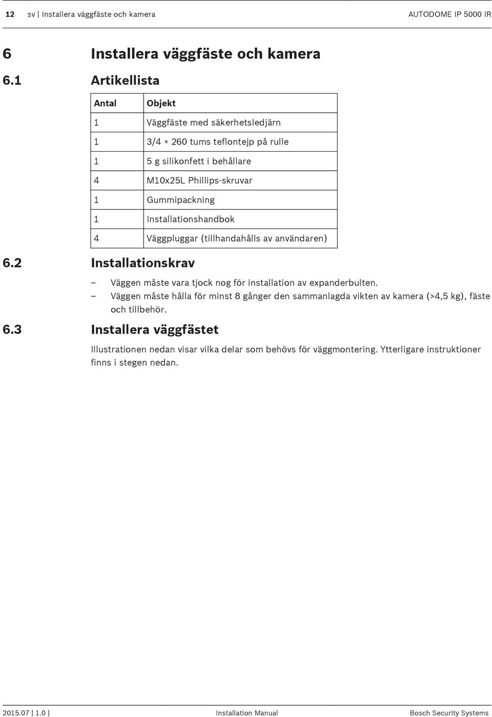 Phillips-skruvar 1 Gummipackning 1 Installationshandbok 4 Väggpluggar (tillhandahålls av användaren) 6.