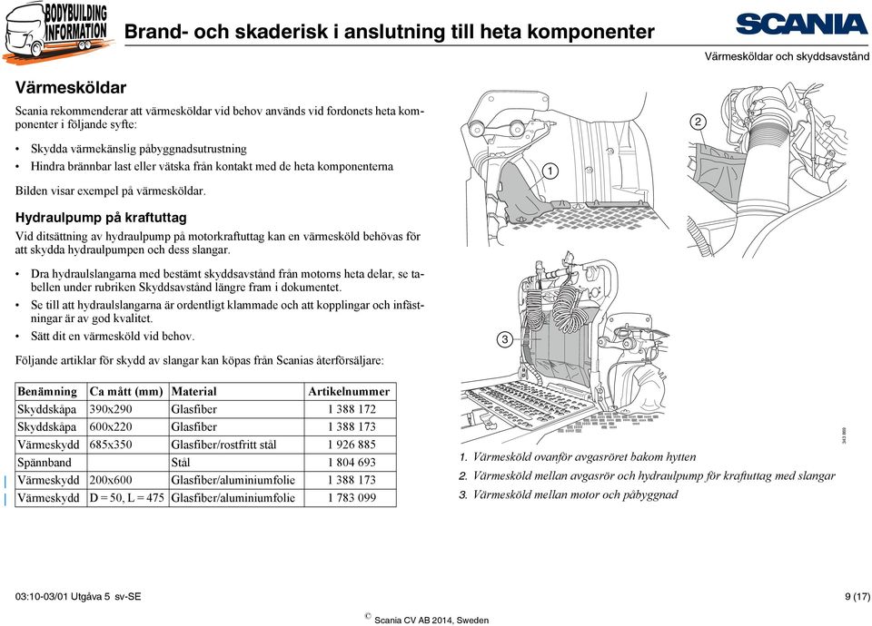 1 Hydraulpump på kraftuttag Vid ditsättning av hydraulpump på motorkraftuttag kan en värmesköld behövas för att skydda hydraulpumpen och dess slangar.
