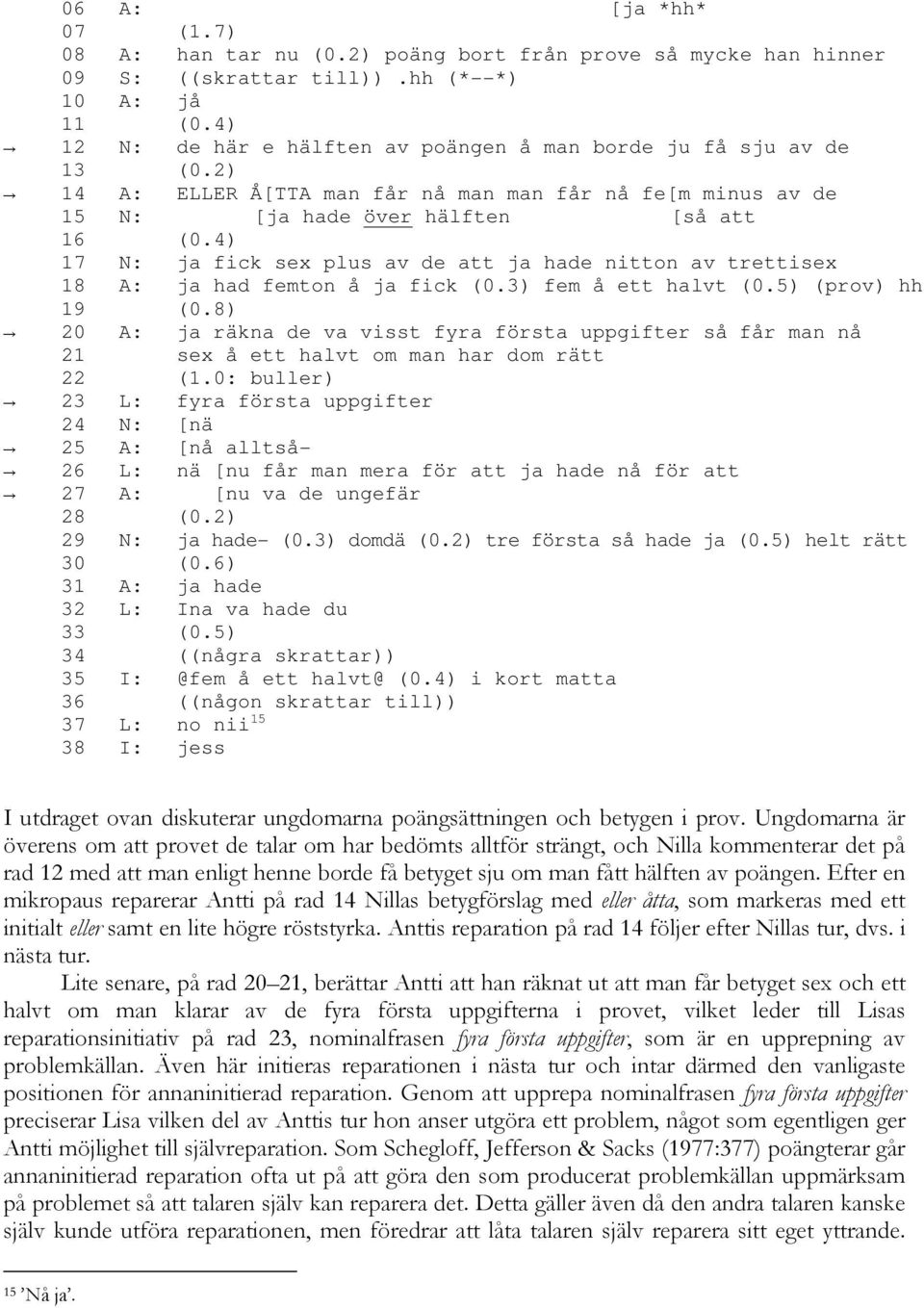 4) 17 N: ja fick sex plus av de att ja hade nitton av trettisex 18 A: ja had femton å ja fick (0.3) fem å ett halvt (0.5) (prov) hh 19 (0.