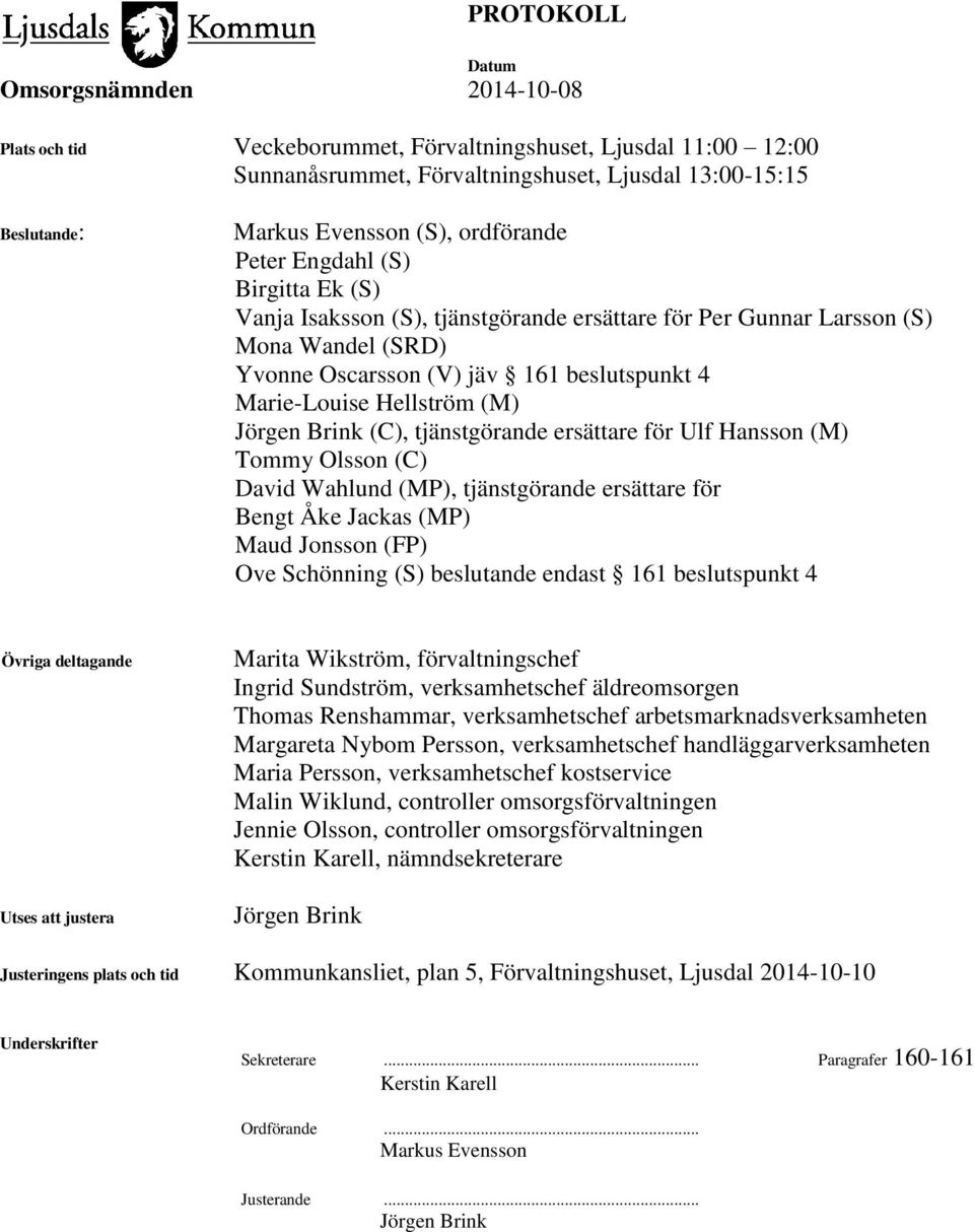 ersättare för Ulf Hansson (M) Tommy Olsson (C) David Wahlund (MP), tjänstgörande ersättare för Bengt Åke Jackas (MP) Maud Jonsson (FP) Ove Schönning (S) beslutande endast 161 beslutspunkt 4 Övriga