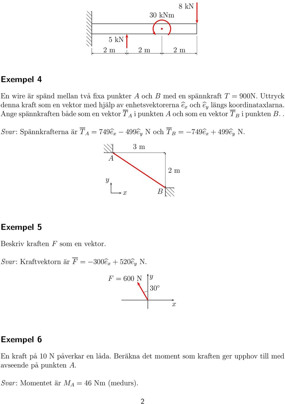 nge spännkraften både som en vektor T i punkten och som en vektor T B i punkten B.. Svar: Spännkrafterna är T = 749ê x 499ê y NochT B = 749ê x + 499ê y N.