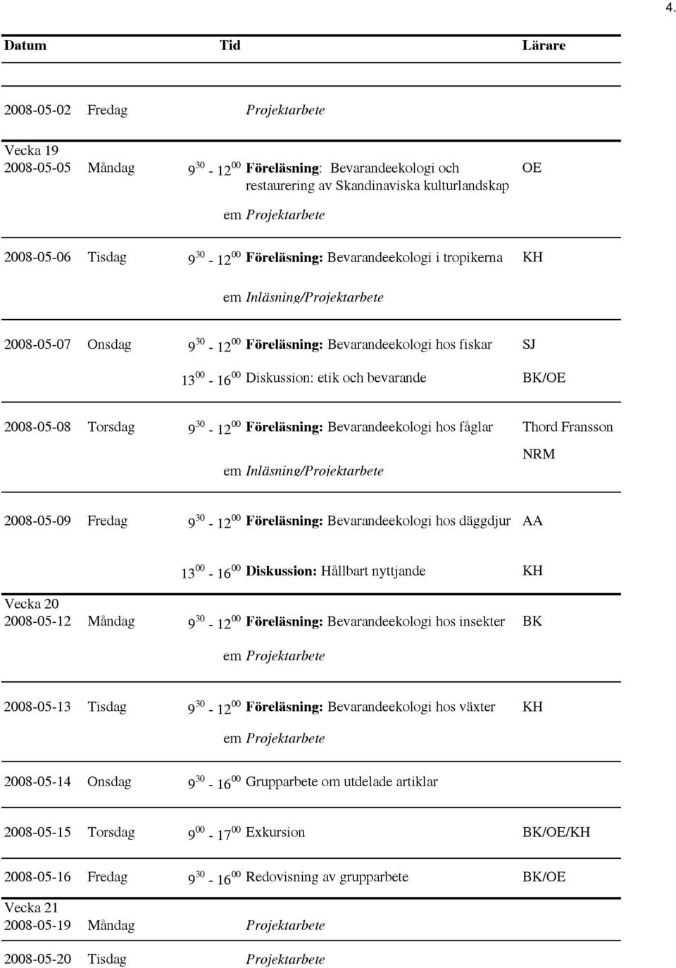 2008-05-08 Torsdag 9 30-12 00 Föreläsning: Bevarandeekologi hos fåglar Thord Fransson em Inläsning/Projektarbete NRM 2008-05-09 Fredag 9 30-12 00 Föreläsning: Bevarandeekologi hos däggdjur AA 13