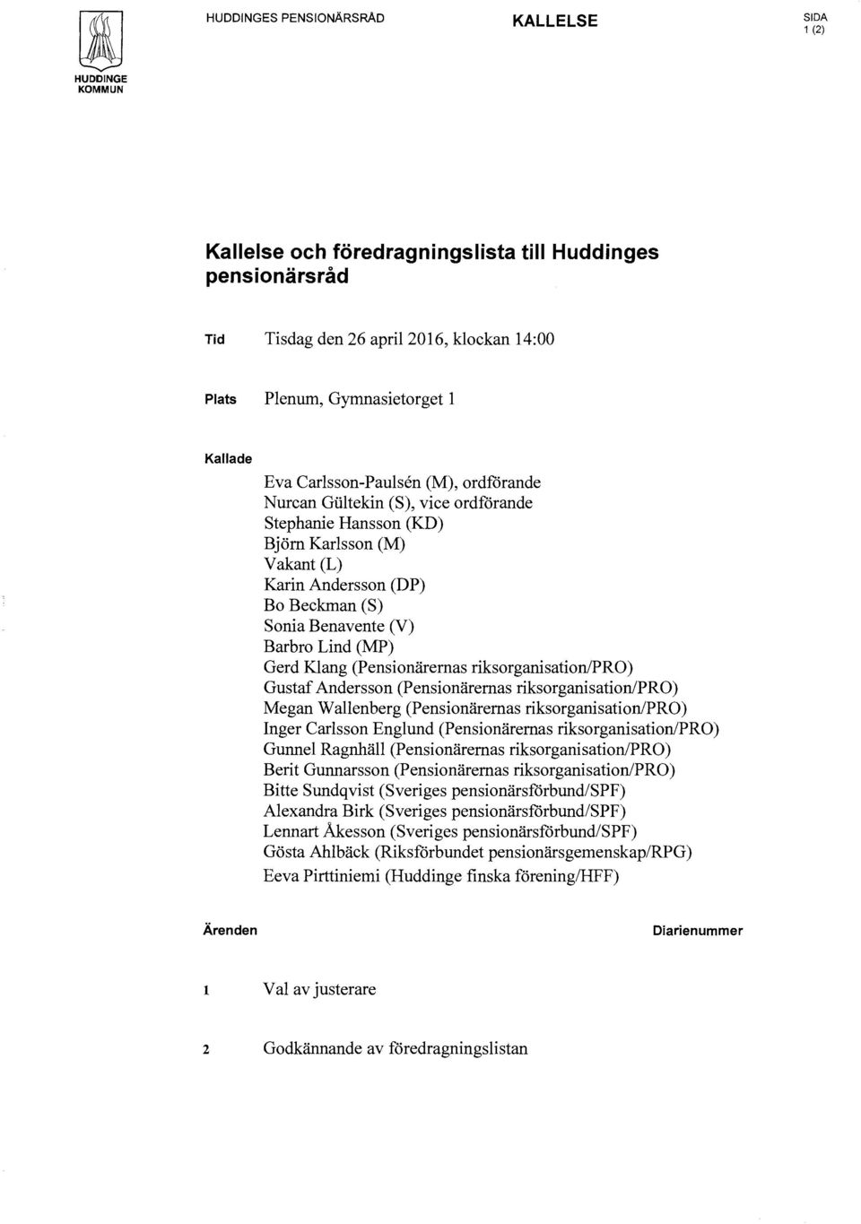 Lind (MP) Gerd Klang (Pensionärernas riksorganisation/pro) Gustaf Andersson (Pensionärernas riksorganisation/pro) Me gan W allenberg (Pensionärernas riksorganisation/pro) Inger Carlsson Englund