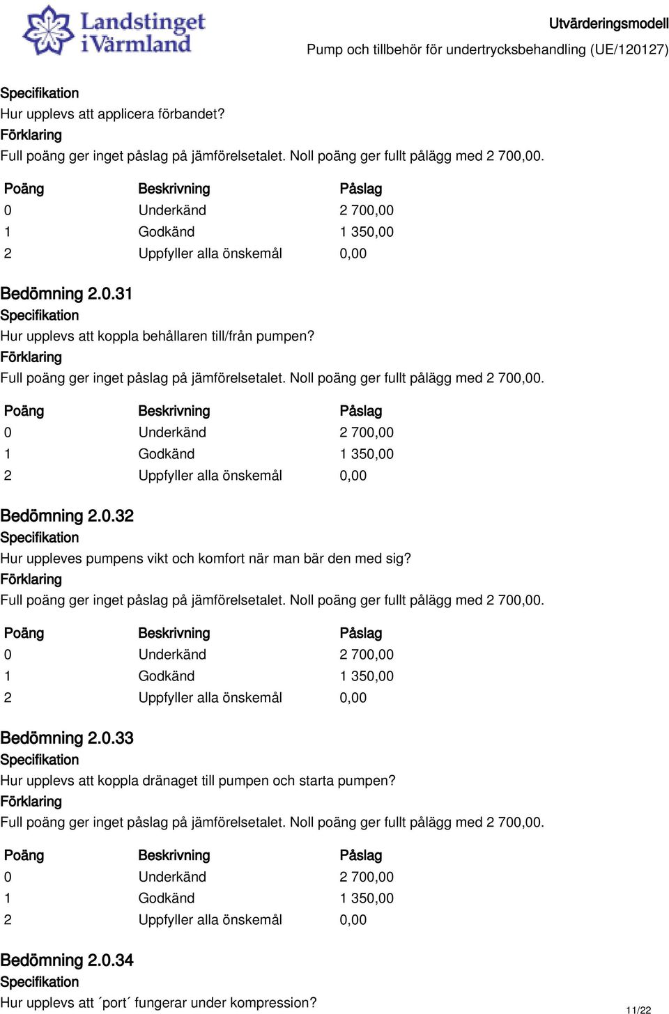 Full poäng ger inget påslag på jämförelsetalet. Noll poäng ger fullt pålägg med 2 700,00. 0 Underkänd 2 700,00 1 Godkänd 1 350,00 Bedömning 2.0.33 Hur upplevs att koppla dränaget till pumpen och starta pumpen?