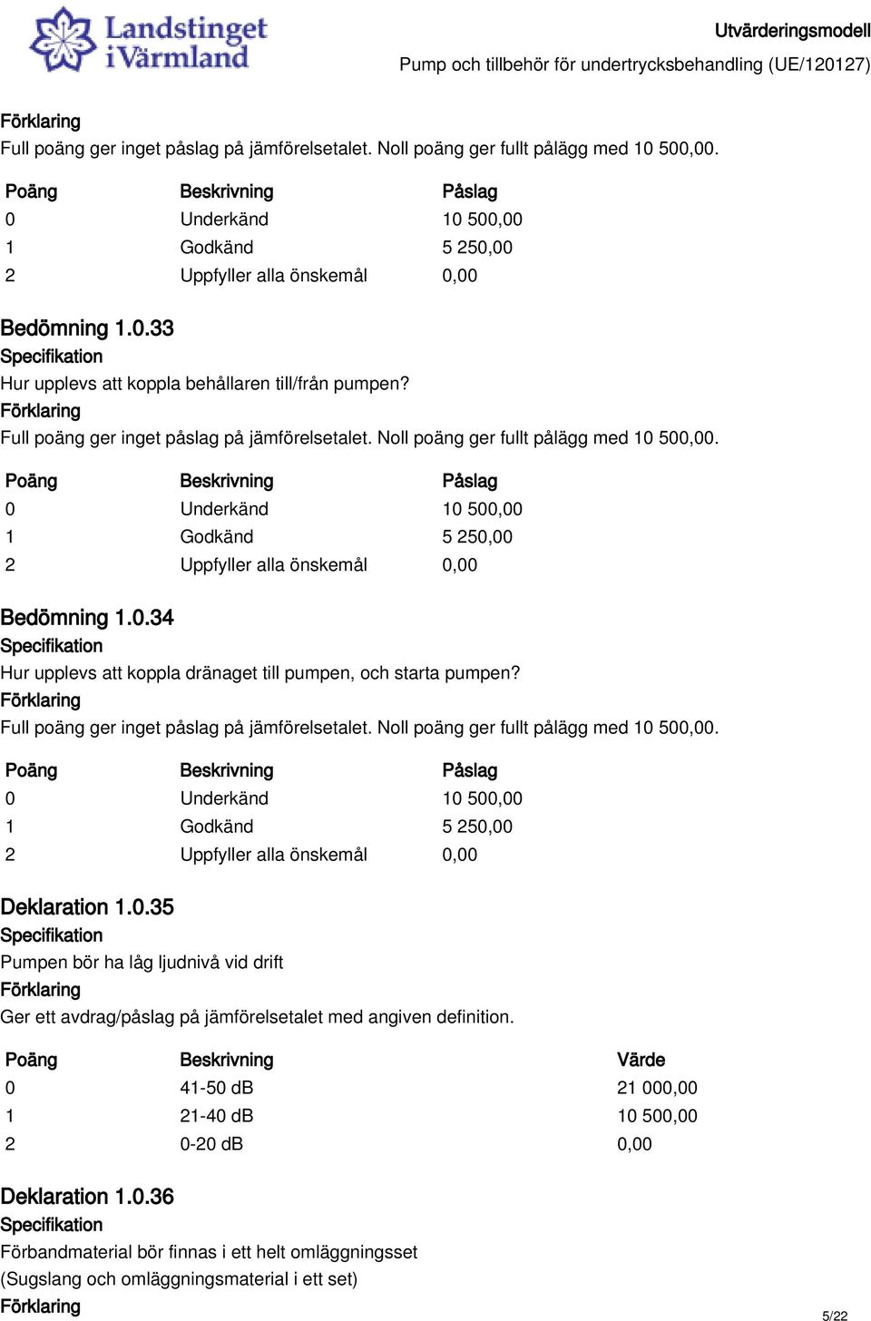 Full poäng ger inget påslag på jämförelsetalet. Noll poäng ger fullt pålägg med 10 500,00. 0 Underkänd 10 500,00 1 Godkänd 5 250,00 Deklaration 1.0.35 Pumpen bör ha låg ljudnivå vid drift 0 41-50 db 21 000,00 1 21-40 db 10 500,00 2 0-20 db 0,00 Deklaration 1.