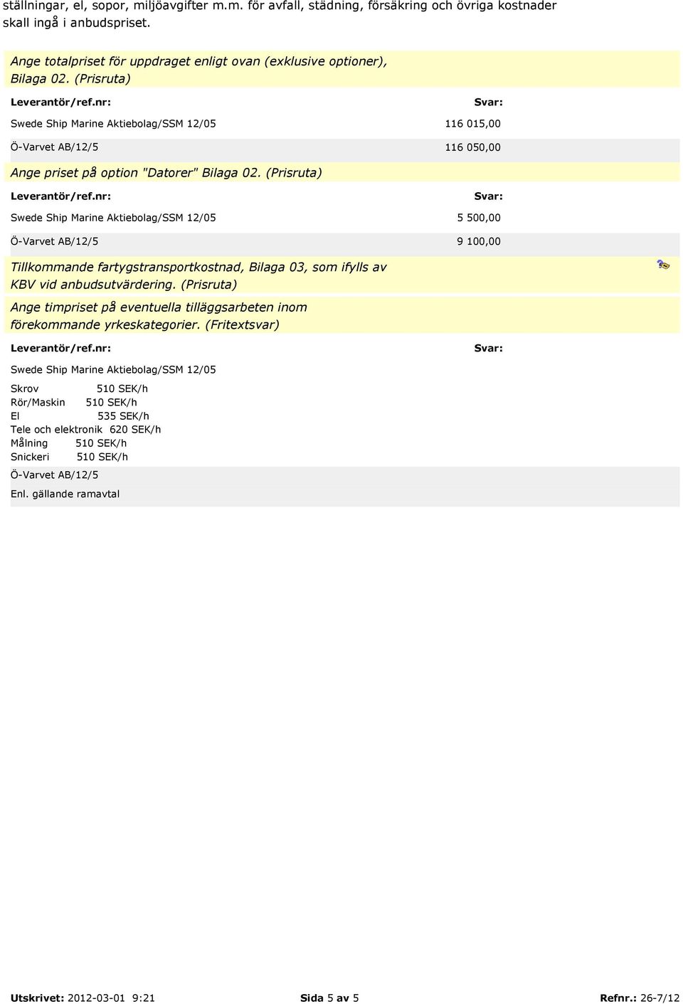 (Prisruta) 5 500,00 9 100,00 Tillkommande fartygstransportkostnad, Bilaga 03, som ifylls av KBV vid anbudsutvärdering.