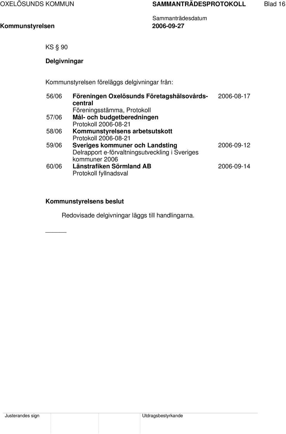 arbetsutskott Protokoll 2006-08-21 59/06 Sveriges kommuner och Landsting Delrapport e-förvaltningsutveckling i Sveriges