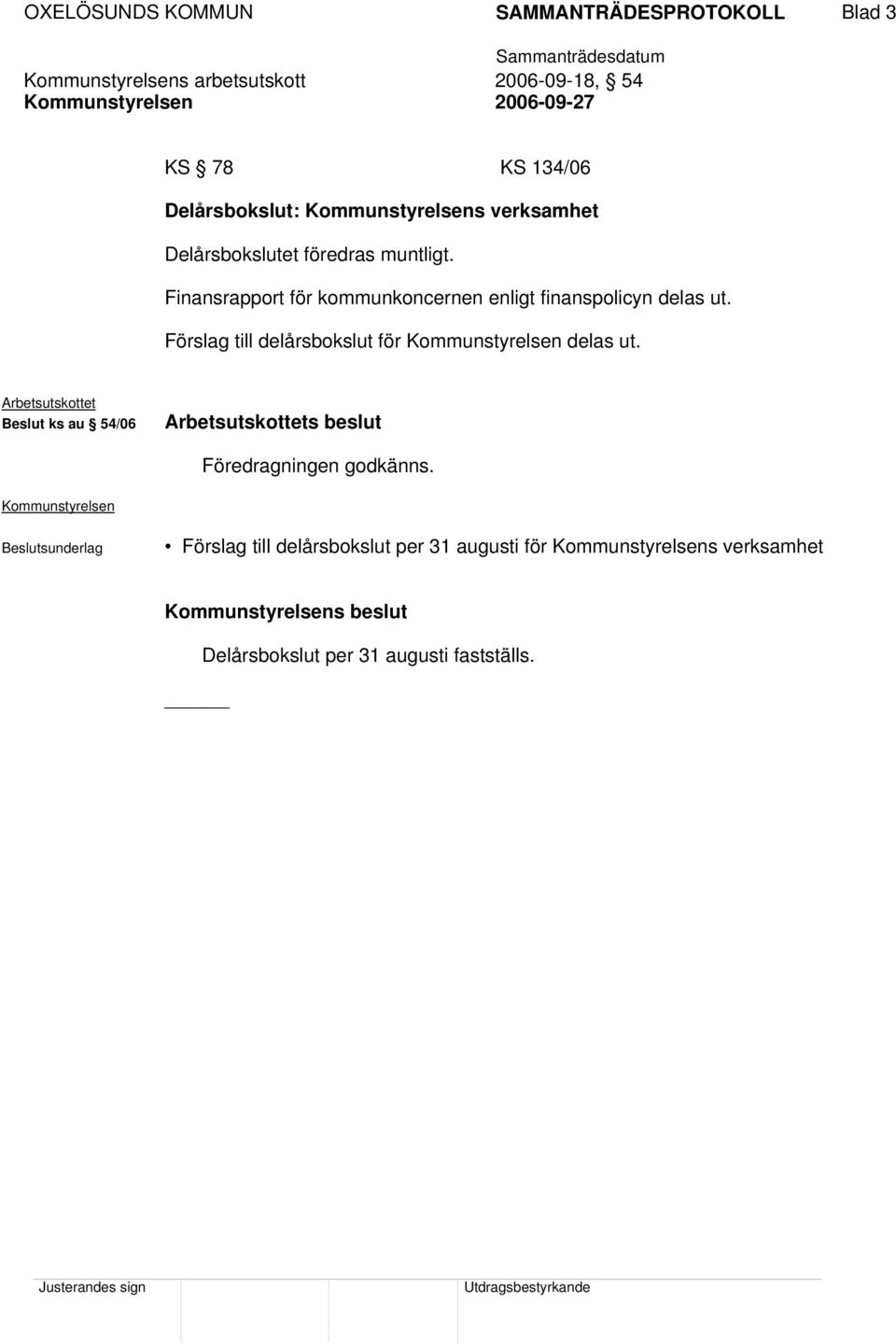 Förslag till delårsbokslut för delas ut. Beslut ks au 54/06 s beslut Föredragningen godkänns.