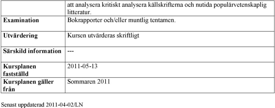 Bokrapporter och/eller muntlig tentamen.