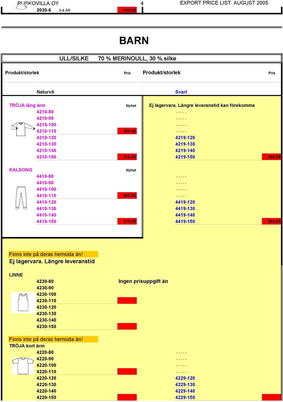 KALSONG Nyhet 4410-80 - - - - - 4410-90 - - - - - 4410-100 - - - - - 4410-110 290,00 - - - - - 4410-120 4419-120 4410-130 4419-130 4410-140 4419-140 4410-150 310,00 4419-150 360,00 Ej lagervara.