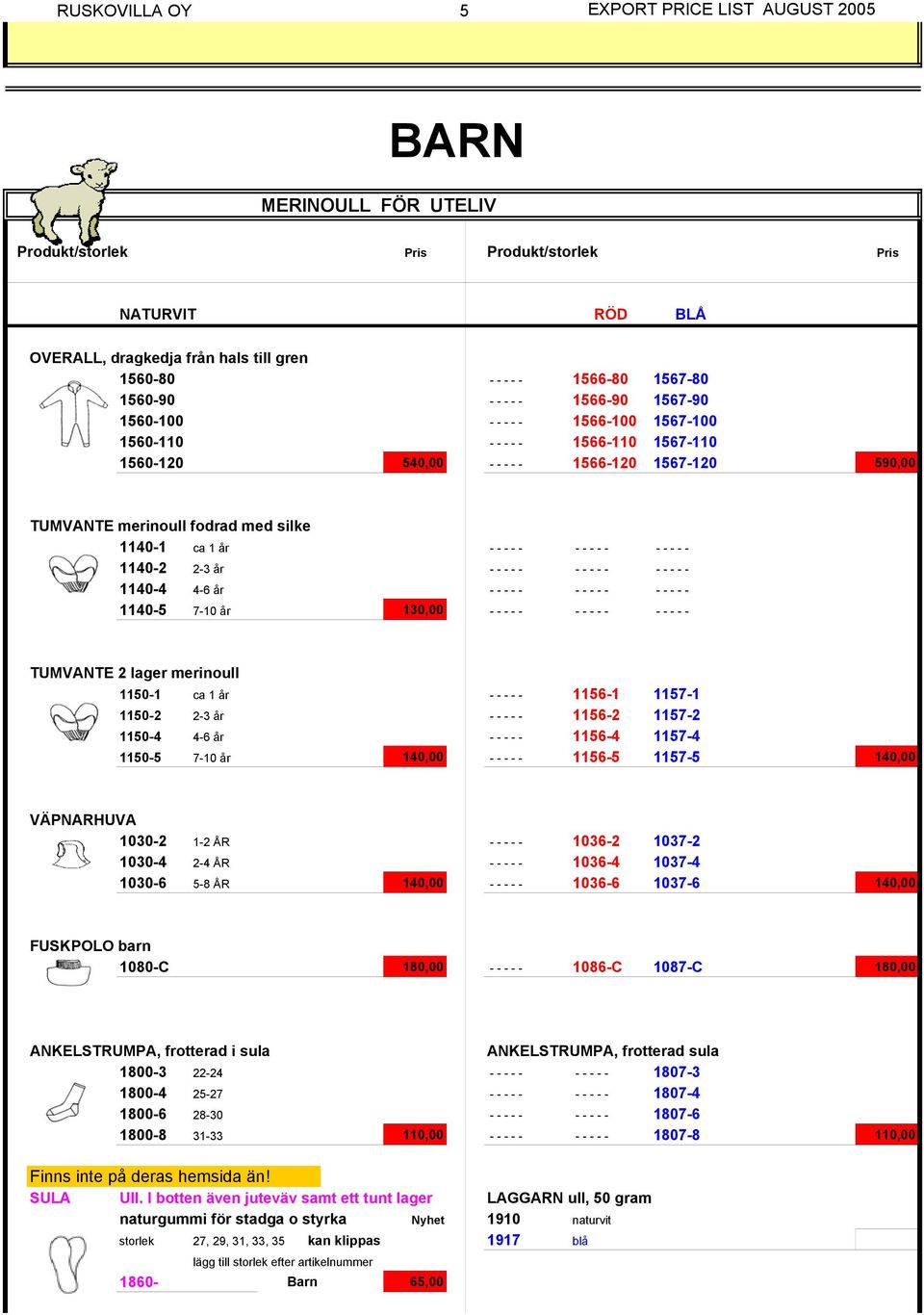 - - - 1140-2 2-3 år - - - - - - - - - - - - - - - 1140-4 4-6 år - - - - - - - - - - - - - - - 1140-5 7-10 år 130,00 - - - - - - - - - - - - - - - TUMVANTE 2 lager merinoull 1150-1 ca 1 år - - - - -