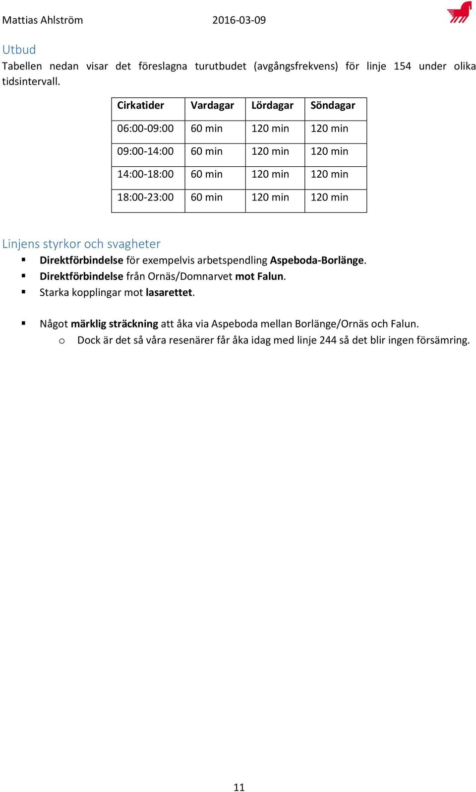 min 120 min 120 min Linjens styrkor och svagheter Direktförbindelse för exempelvis arbetspendling Aspeboda-Borlänge.