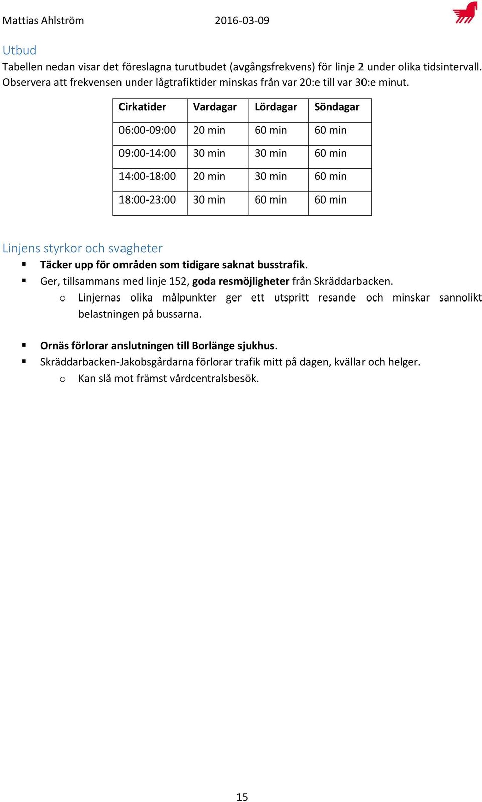 Täcker upp för områden som tidigare saknat busstrafik. Ger, tillsammans med linje 152, goda resmöjligheter från Skräddarbacken.