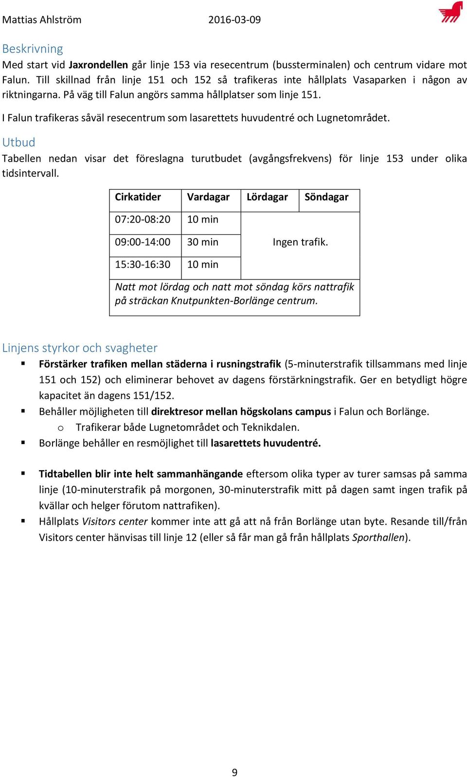 I Falun trafikeras såväl resecentrum som lasarettets huvudentré och Lugnetområdet. Utbud Tabellen nedan visar det föreslagna turutbudet (avgångsfrekvens) för linje 153 under olika tidsintervall.