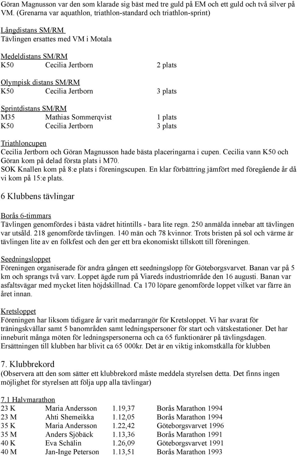 Cecilia Jertborn 3 plats Sprintdistans SM/RM M35 Mathias Sommerqvist 1 plats K50 Cecilia Jertborn 3 plats Triathloncupen Cecilia Jertborn och Göran Magnusson hade bästa placeringarna i cupen.