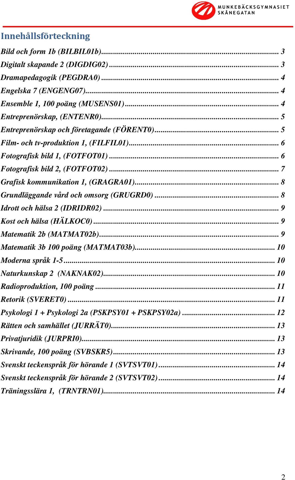 .. 7 Grafisk kommunikation 1, (GRAGRA01)... 8 Grundläggande vård och omsorg (GRUGRD0)... 8 Idrott och hälsa 2 (IDRIDR02)... 9 Kost och hälsa (HÄLKOC0)... 9 Matematik 2b (MATMAT02b).