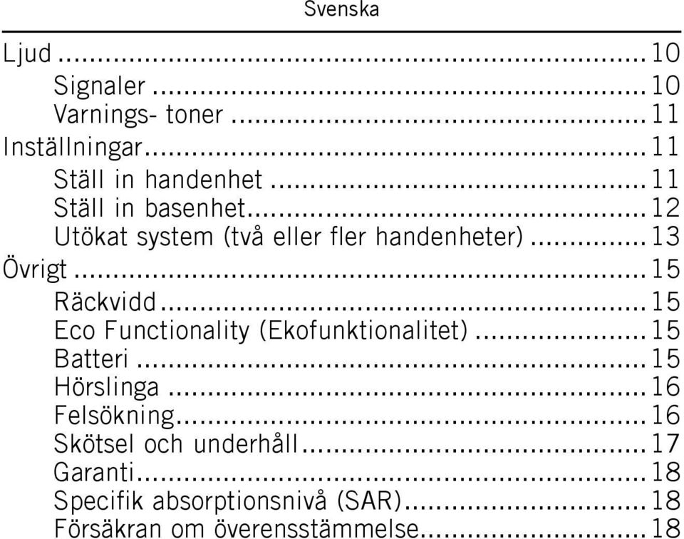 ..15 Eco Functionality (Ekofunktionalitet)...15 Batteri...15 Hörslinga...16 Felsökning.