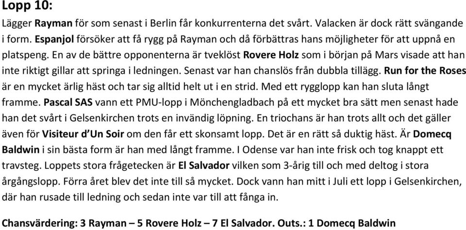 En av de bättre opponenterna är tveklöst Rovere Holz som i början på Mars visade att han inte riktigt gillar att springa i ledningen. Senast var han chanslös från dubbla tillägg.