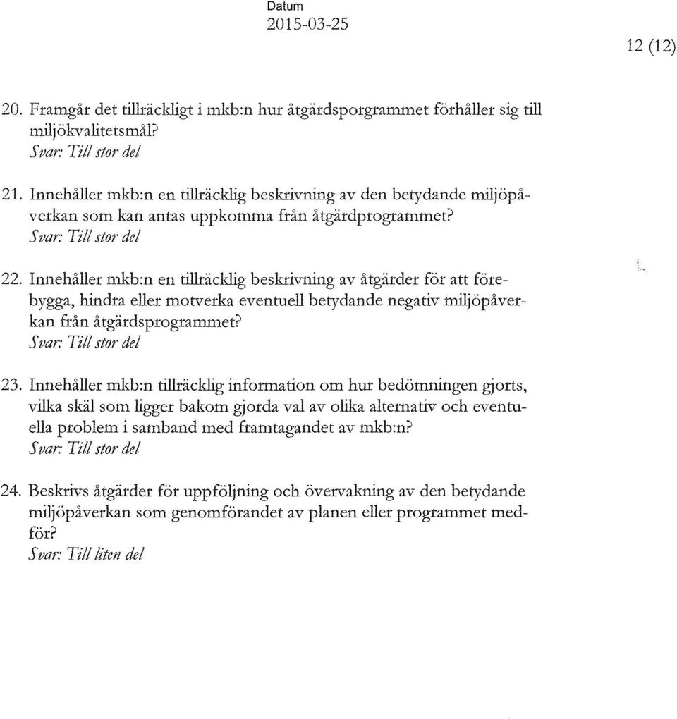 Innehåller mkb:n en tillräcklig beskrivning av åtgärder för att förebygga, hindra eller motverka eventuell betydande negativ miljöpåverkan från åtgärdsprogrammet? Svar: Till Jior del 23.