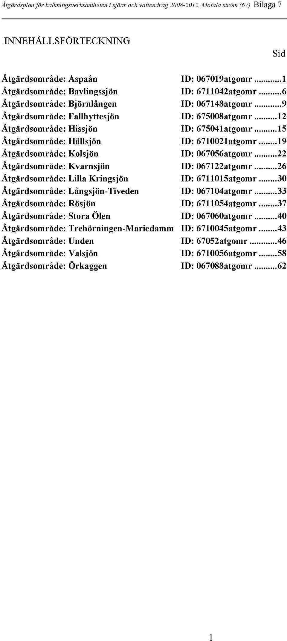 ..15 Åtgärdsområde: Hällsjön ID: 6710021atgomr...19 Åtgärdsområde: Kolsjön ID: 067056atgomr...22 Åtgärdsområde: Kvarnsjön ID: 067122atgomr...26 Åtgärdsområde: Lilla Kringsjön ID: 6711015atgomr.