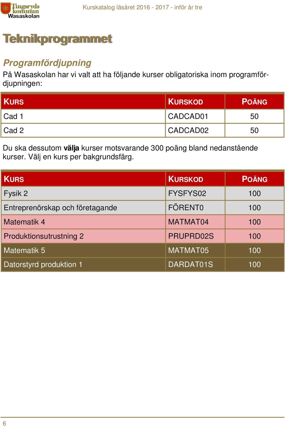 nedanstående kurser. Välj en kurs per bakgrundsfärg.