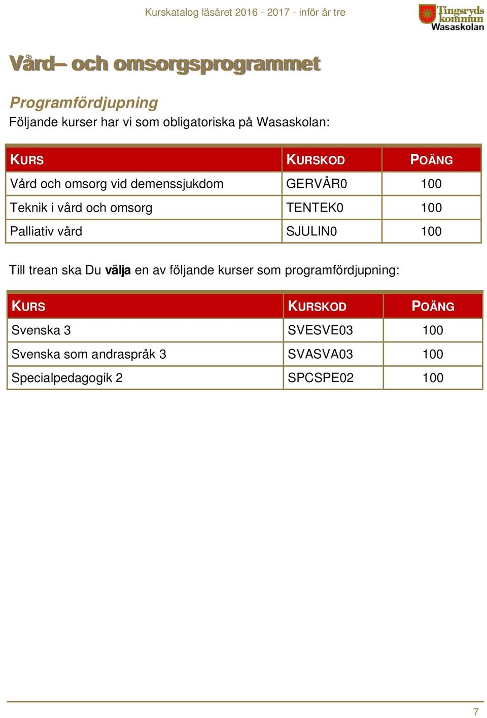 Palliativ vård SJULIN0 100 Till trean ska Du välja en av följande kurser som