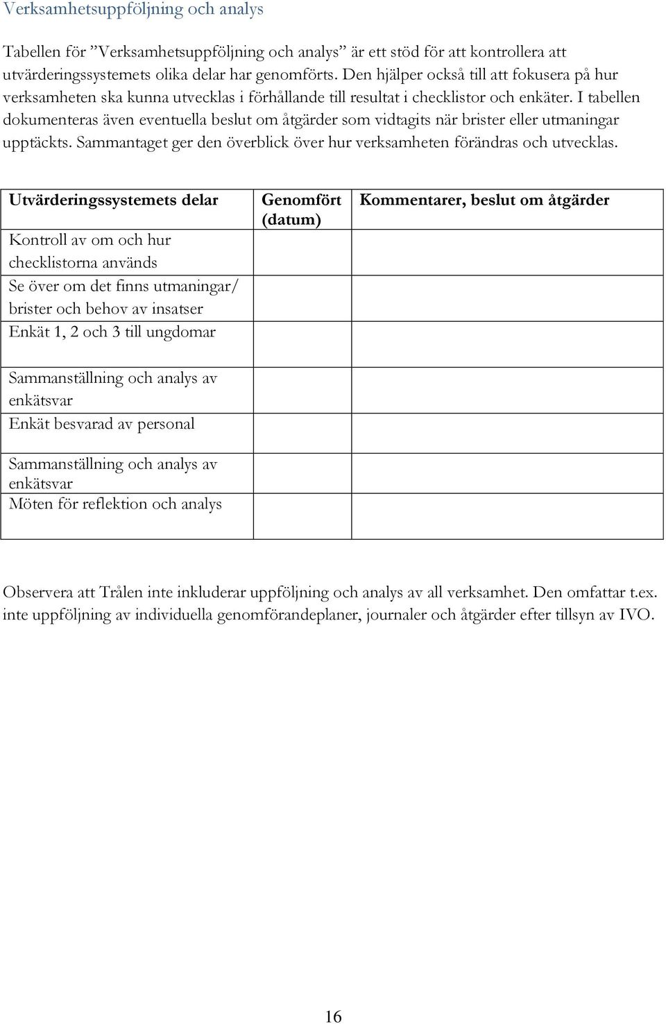 I tabellen dokumenteras även eventuella beslut om åtgärder som vidtagits när brister eller utmaningar upptäckts. Sammantaget ger den överblick över hur verksamheten förändras och utvecklas.