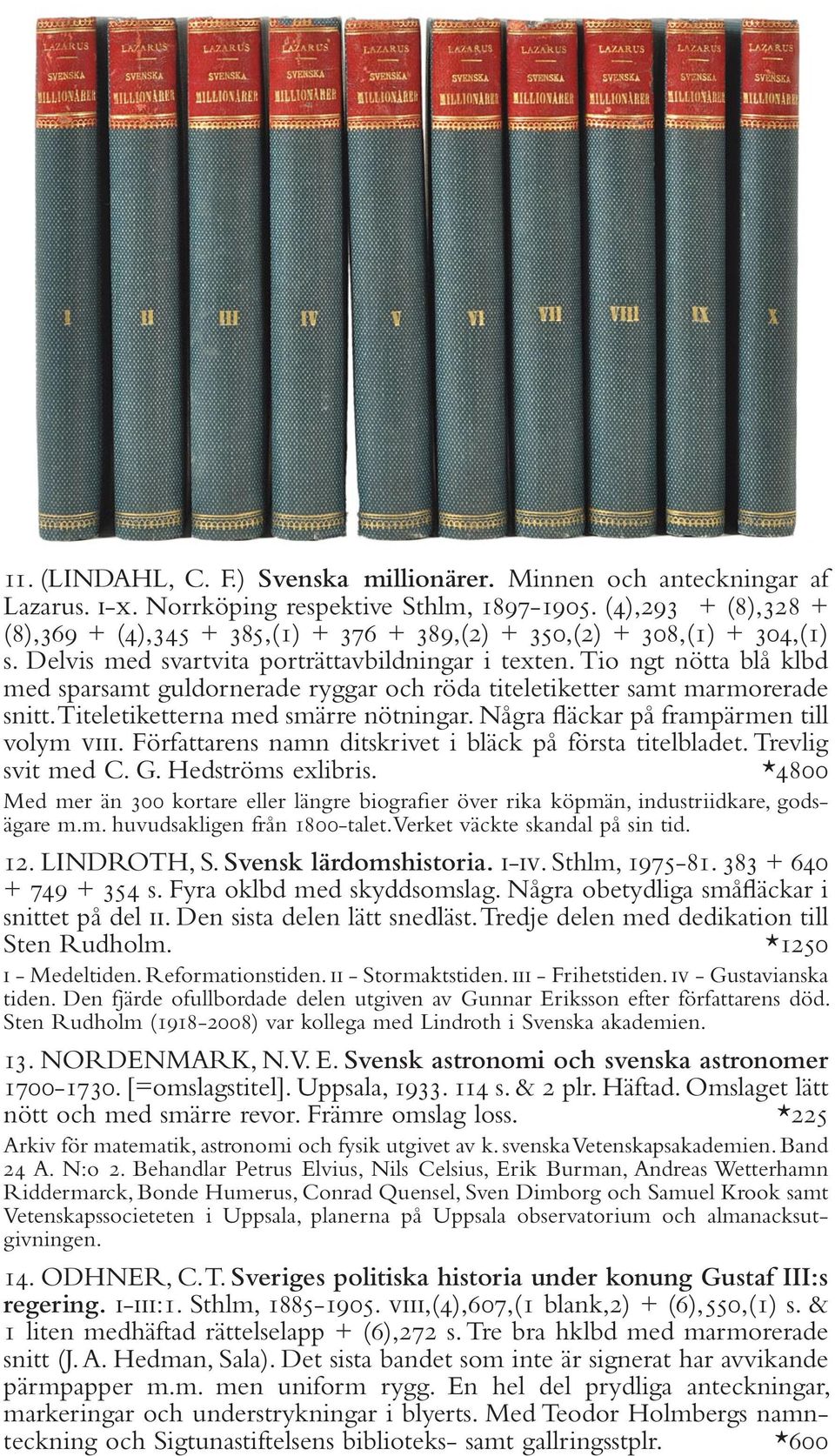 Tio ngt nötta blå klbd med sparsamt guldornerade ryggar och röda titeletiketter samt marmorerade snitt. Titeletiketterna med smärre nötningar. Några fläckar på frampärmen till volym viii.