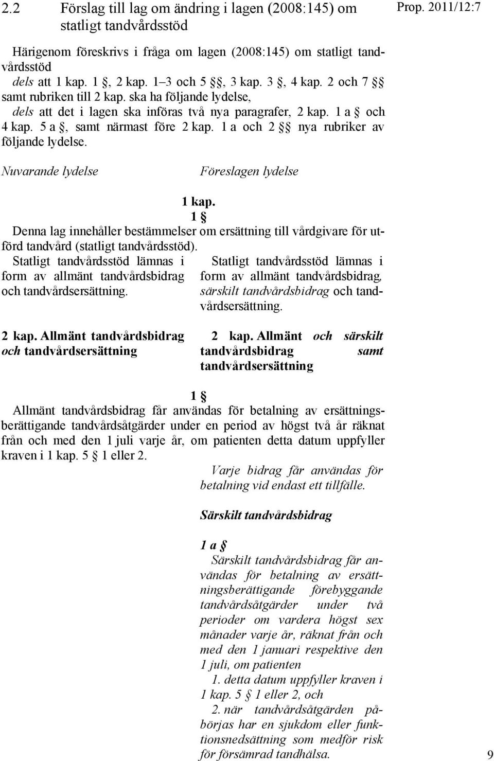 1 a och 2 nya rubriker av följande lydelse. Nuvarande lydelse Föreslagen lydelse 1 kap. 1 Denna lag innehåller bestämmelser om ersättning till vårdgivare för utförd tandvård (statligt tandvårdsstöd).