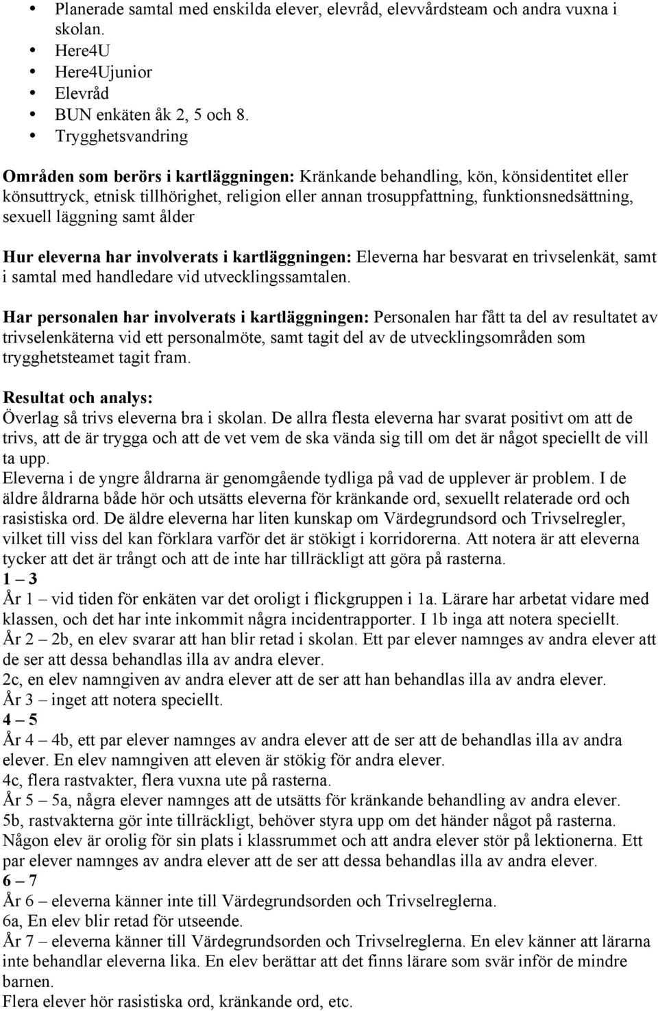 sexuell läggning samt ålder Hur eleverna har involverats i kartläggningen: Eleverna har besvarat en trivselenkät, samt i samtal med handledare vid utvecklingssamtalen.