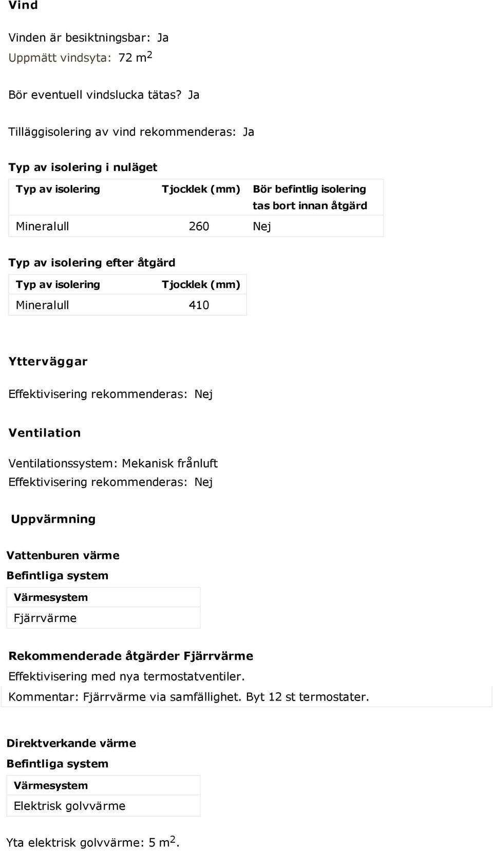 åtgärd Typ av isolering Tjocklek (mm) Mineralull 410 Ytterväggar Effektivisering rekommenderas: Nej Ventilation Ventilationssystem: Mekanisk frånluft Effektivisering rekommenderas: Nej