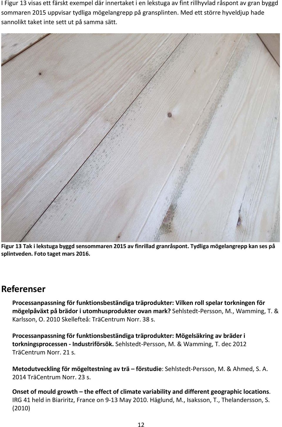 Foto taget mars 2016. Referenser Processanpassning för funktionsbeständiga träprodukter: Vilken roll spelar torkningen för mögelpåväxt på brädor i utomhusprodukter ovan mark? Sehlstedt Persson, M.